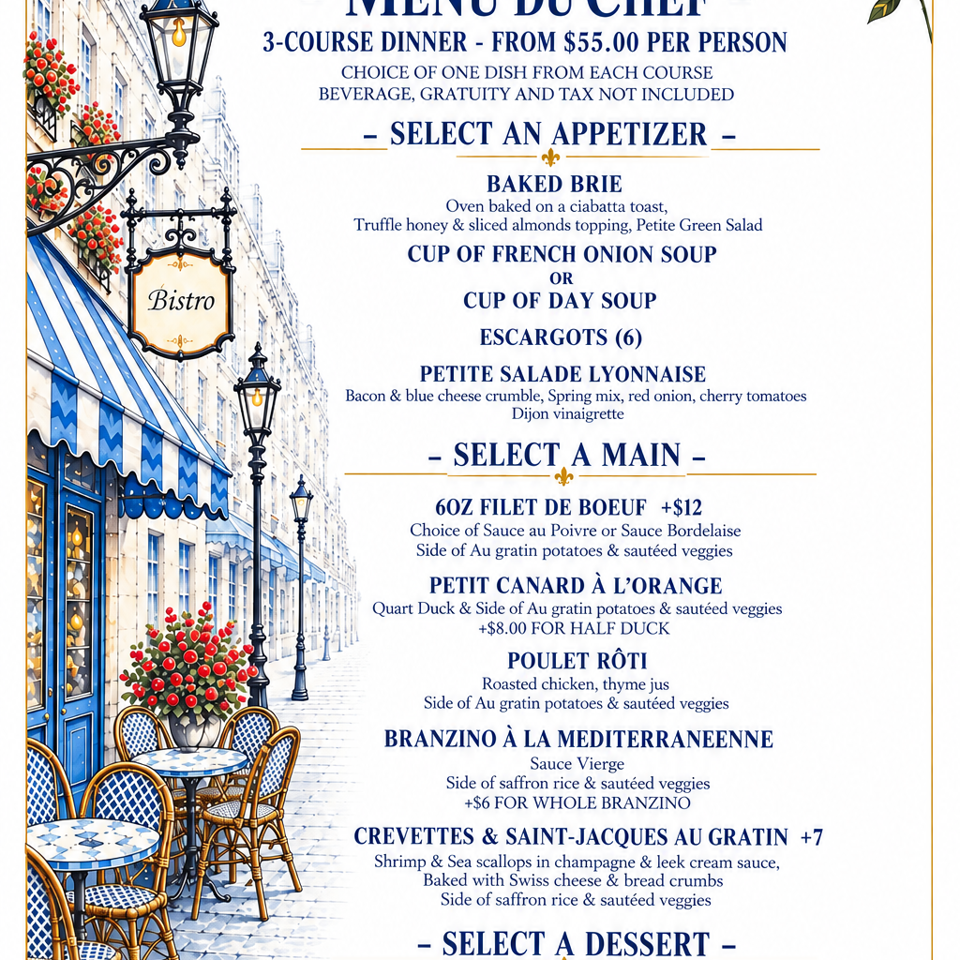 Café Normandie French bistro menu featuring a three-course dinner, illustrated Parisian café scene, and listed appetizer, entrée, and dessert options.
