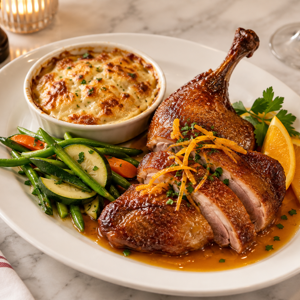 Roasted duck breast and leg served with vegetables, creamy gratin, orange slices, and herbs on a white plate.