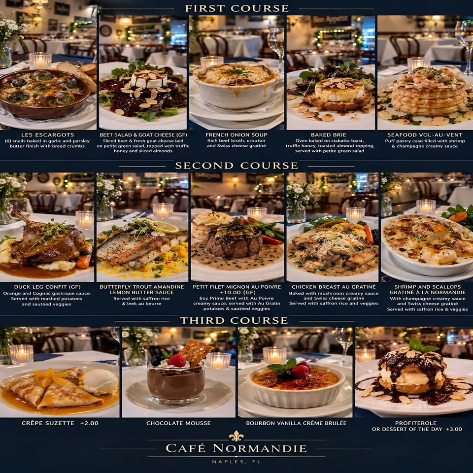 Café Normandie three-course menu collage featuring French appetizers, entrées, and desserts in an elegant candlelit dining room.