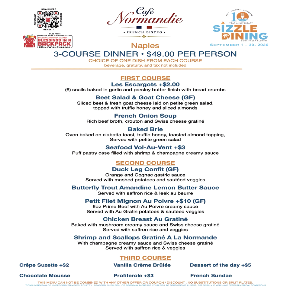 Café Normandie French bistro three-course dinner menu for Naples’ Sizzle Dining event, listing appetizers, entrées, and desserts.