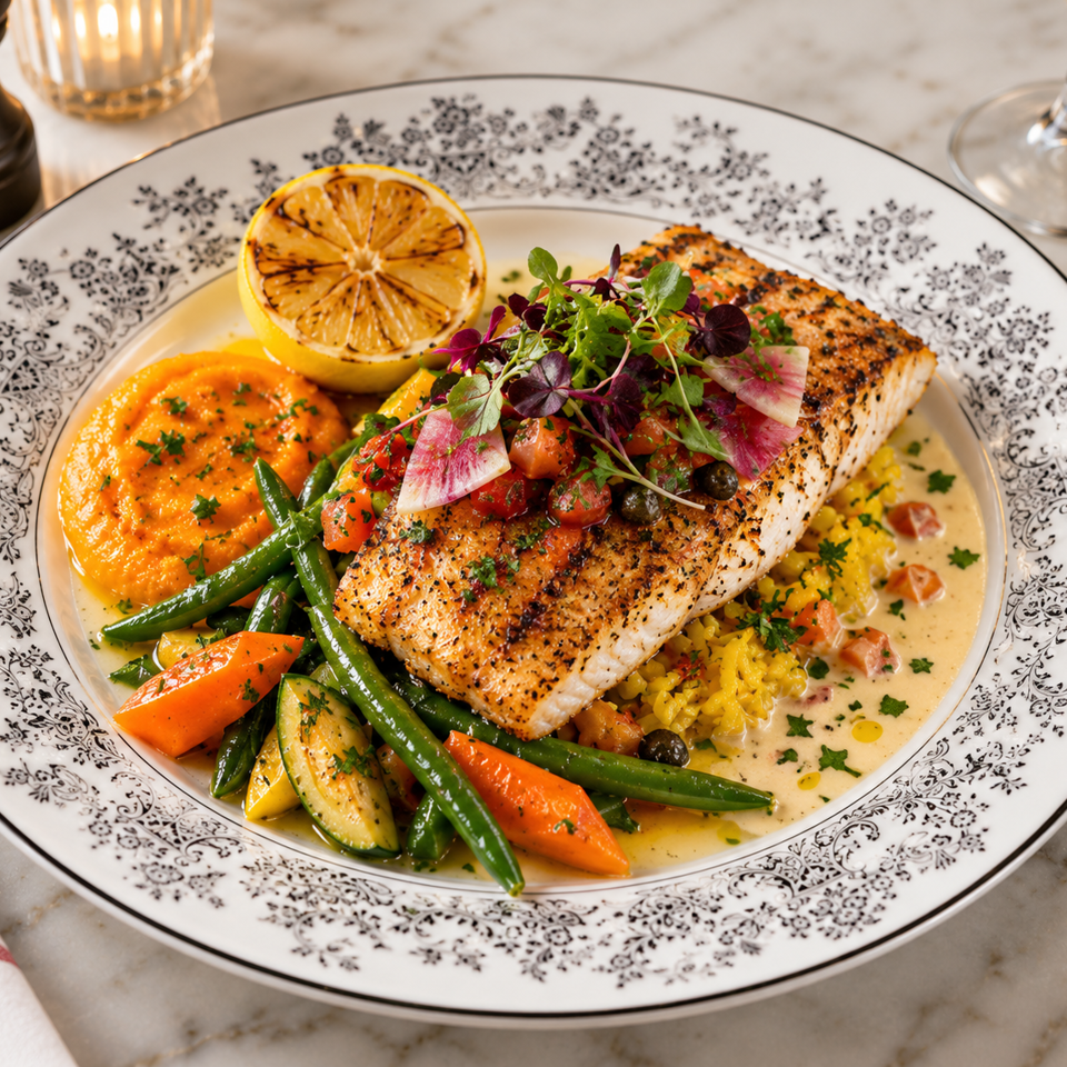 Seared salmon with green beans, roasted vegetables, yellow rice, creamy sauce, citrus, and microgreens on a decorative plate.