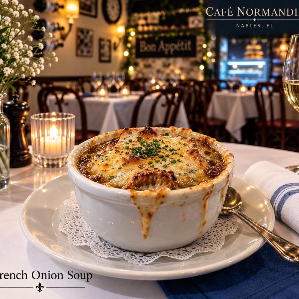 French onion soup topped with melted cheese and herbs, served by candlelight at Café Normandie in Naples, Florida.