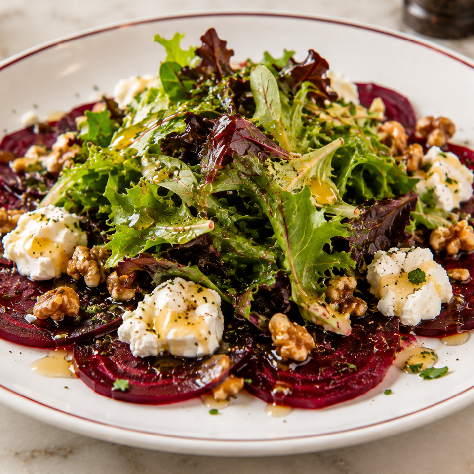 Beet salad with mixed greens, goat cheese, walnuts, herbs, and vinaigrette on a white plate.