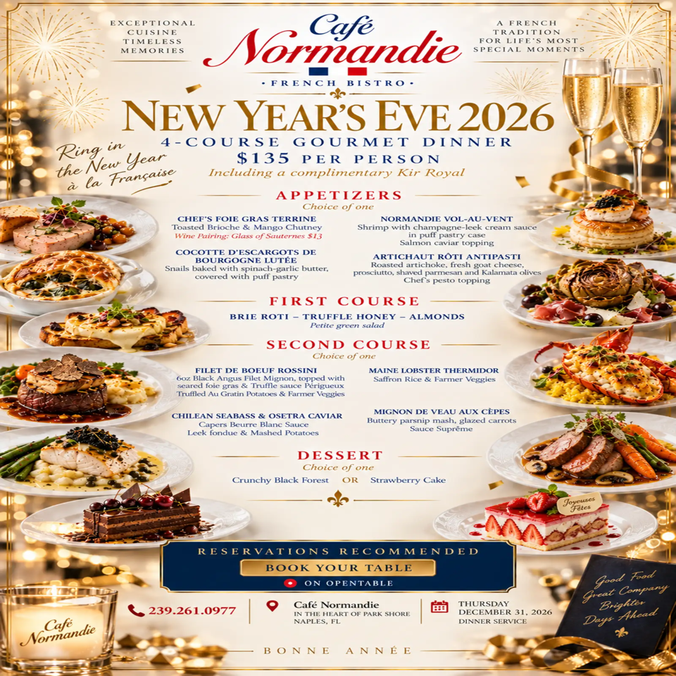 Café Normandie New Year’s Eve 2026 promotional menu featuring French cuisine, champagne, plated dishes, desserts, and reservation details.