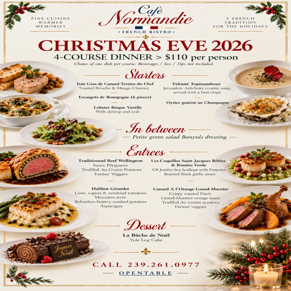Café Normandie Christmas Eve 2026 four-course French bistro dinner menu surrounded by festive holiday dish photography and greenery.