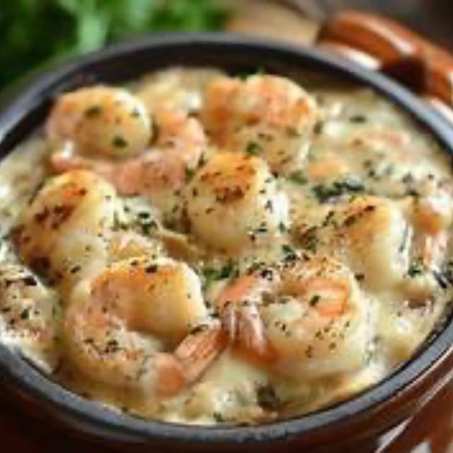 Crevettes And Saint-Jacques Gratiné Sauce Normande.
